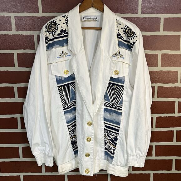 Saint Germain Paris White Aztec Nautical 80s Women’s Blazer Size Medium Jacket - Picture 1 of 7